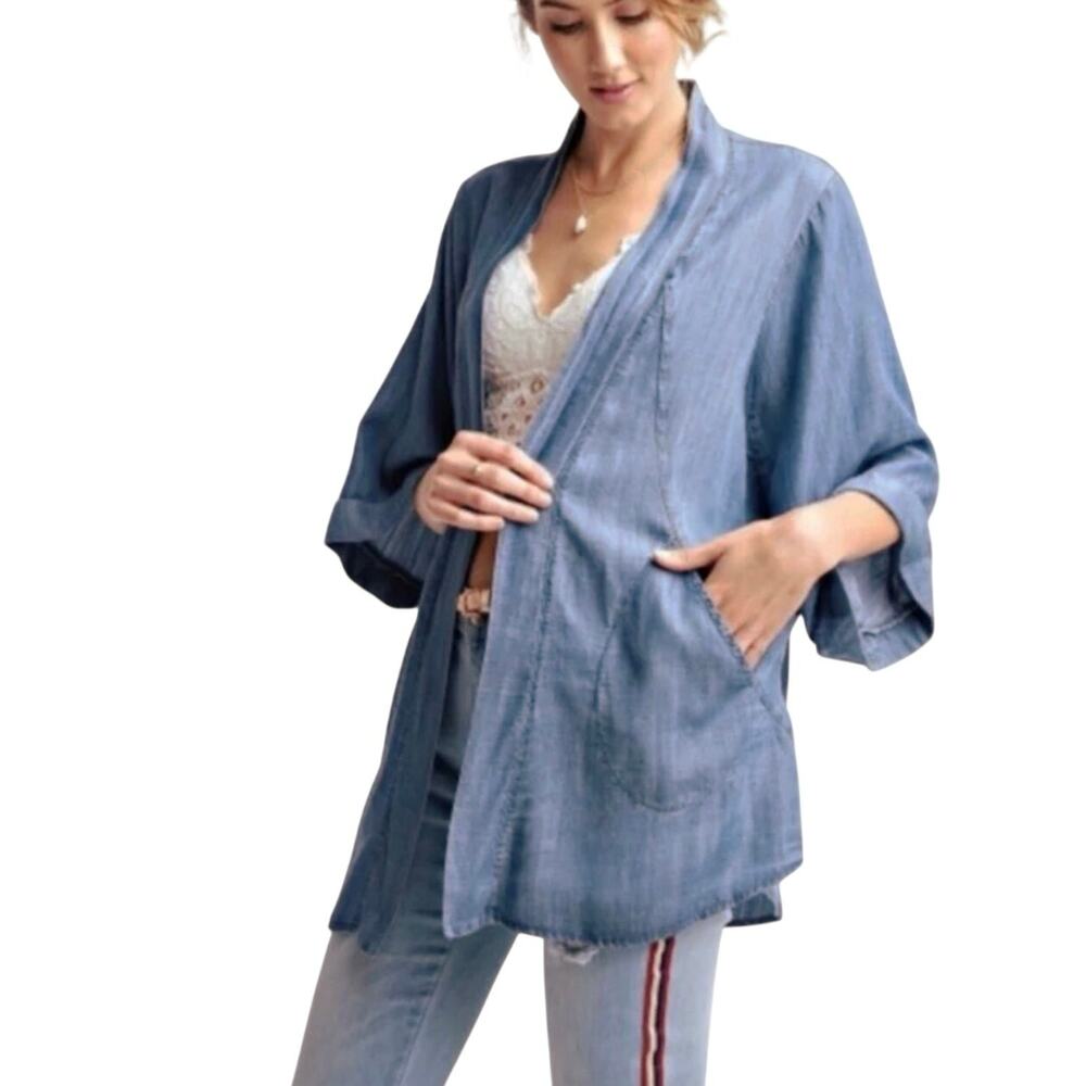 EASEL Women’s Boho Acid Wash Chambray Open Front Kimono Jacket